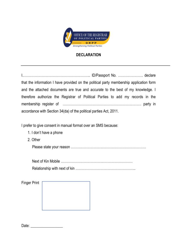 Political party membership declaration form