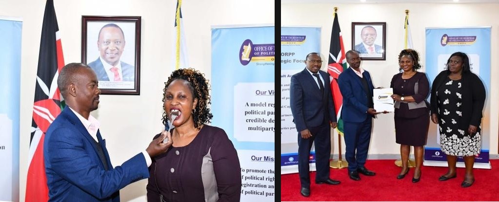 John Macharia shares a cake with Registrar of Political Parties. Looking in are; John Macharia receives ORPP information pack from Head of Human Resource, Jacqueline Kosgei (right) Registrar of Political Parties (second right) and Assistant Registrar, Ali A. Surraw (left) on 23rd August, 2022