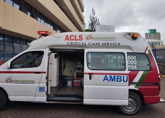 An ambulance ready to ferry “victims” at the foot of Lion place during the drill